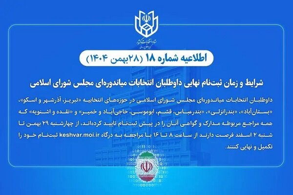 داوطلبان انتخابات میاندوره‌ای مجلس تا ۲ اسفند ثبت‌نام را نهایی کنند