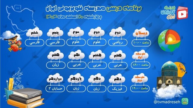 برنامه‌های درسی مدرسه‌ تلویزیونی‌ ایران چهارشنبه ۲۰ اسفند اعلام شد